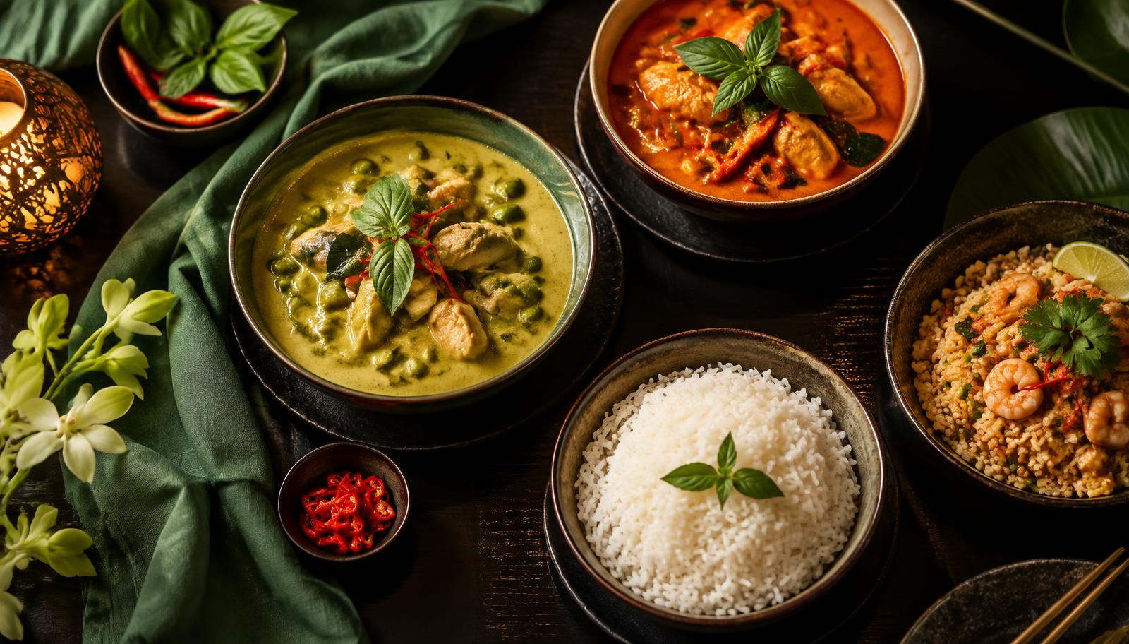Ein Tisch mit Thai Currys, Reis und frischen Kräutern